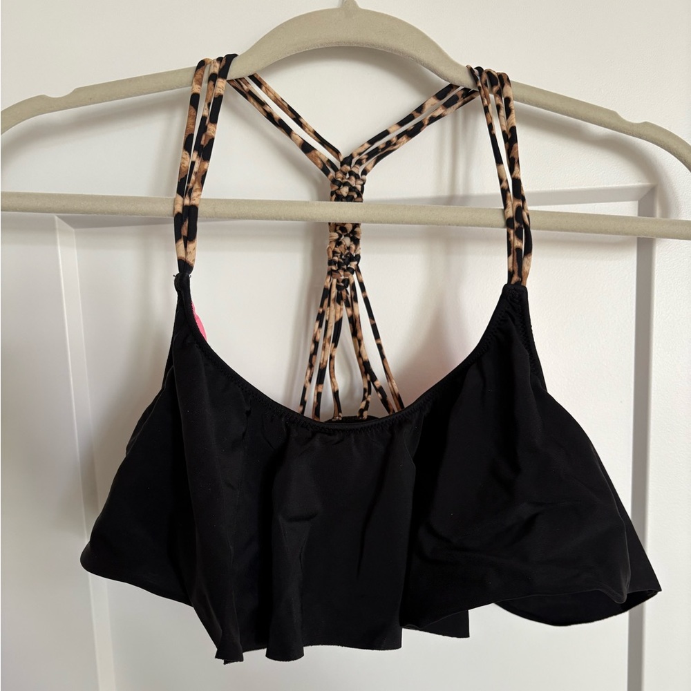 PINK Victoria's Secret Black and Pink Ruffled Bikini Top